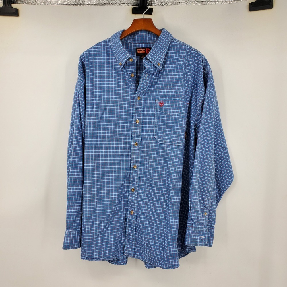Ariat Work FR Mens 3XL Blue Red Grid Flame Resistant Shirt Western Button Up